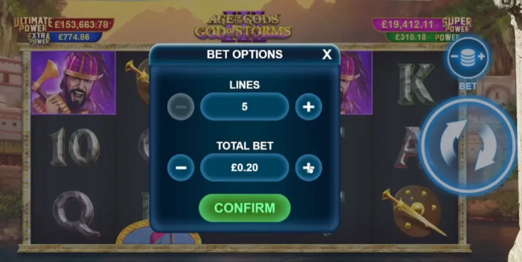 خيارات الرهان في لعبة Age of the Gods God of Storms 3