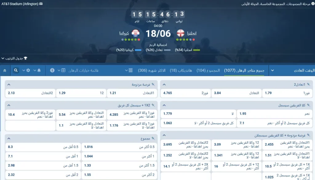 رهانات 1xBet على مباراة إنجلترا وكرواتيا