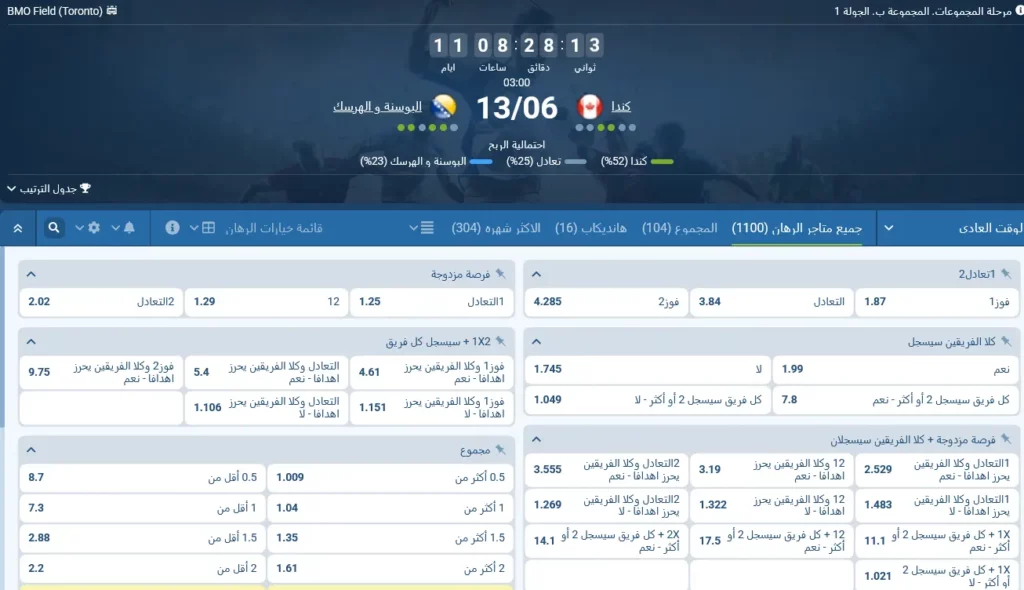 رهانات 1xBet على مباراة كندا ضد البوسنة والهرسك